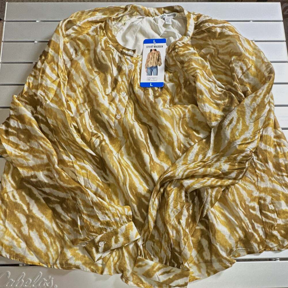 Steve Madden Women's Tan/White Animal Print Satin Round Neck Blouse L 2025897